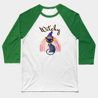 Witchy Halloween Black Cat Watercolor Art Baseball T-Shirt